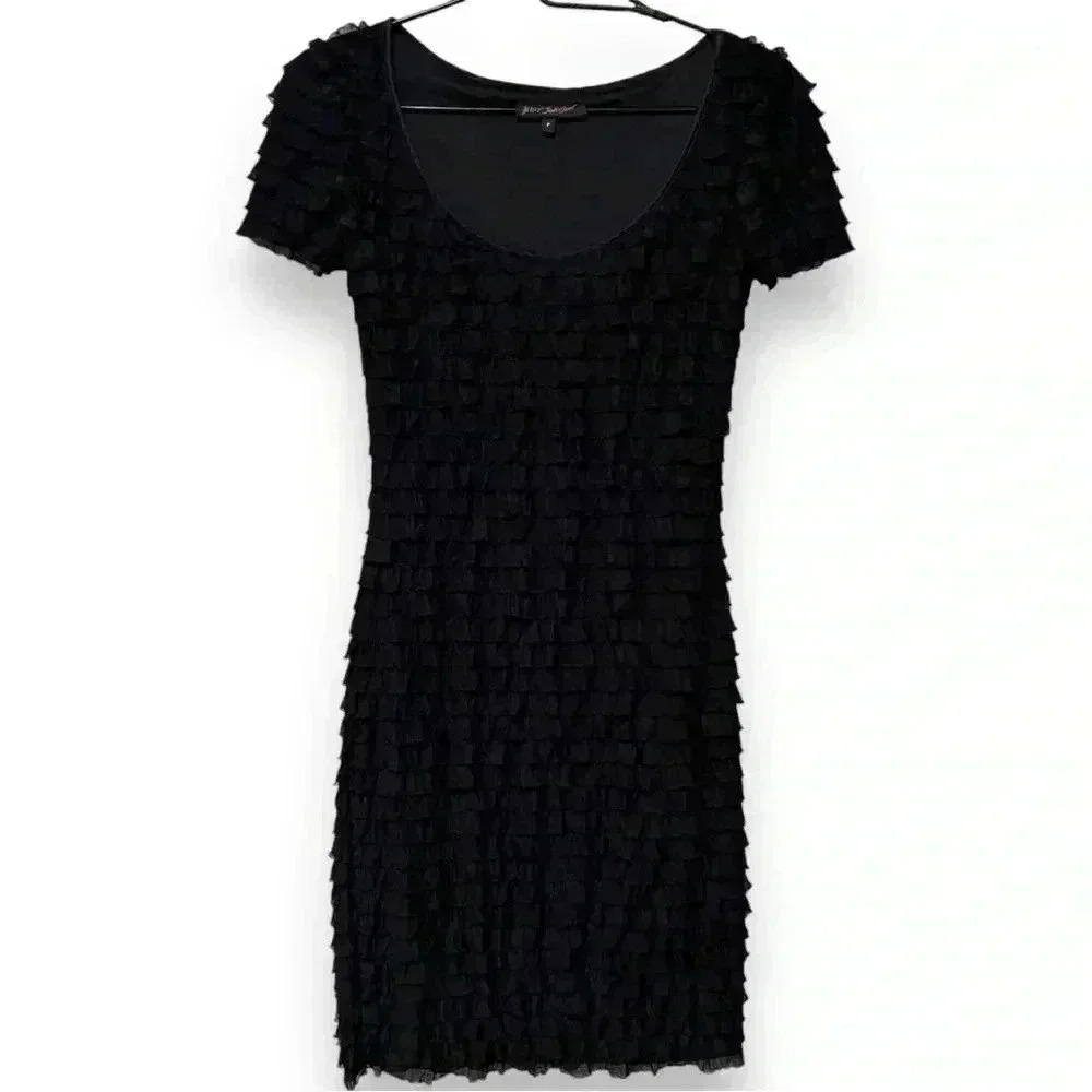 Betsy Johnson P Black Short Sleeve Ruffled Scoop Neck Bodycon Girly Minidress - Picture 3 of 16